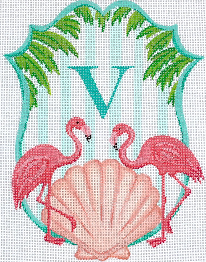 ALCR-13 Flamingos, Scallop, and Palm Branches Monogram Crest