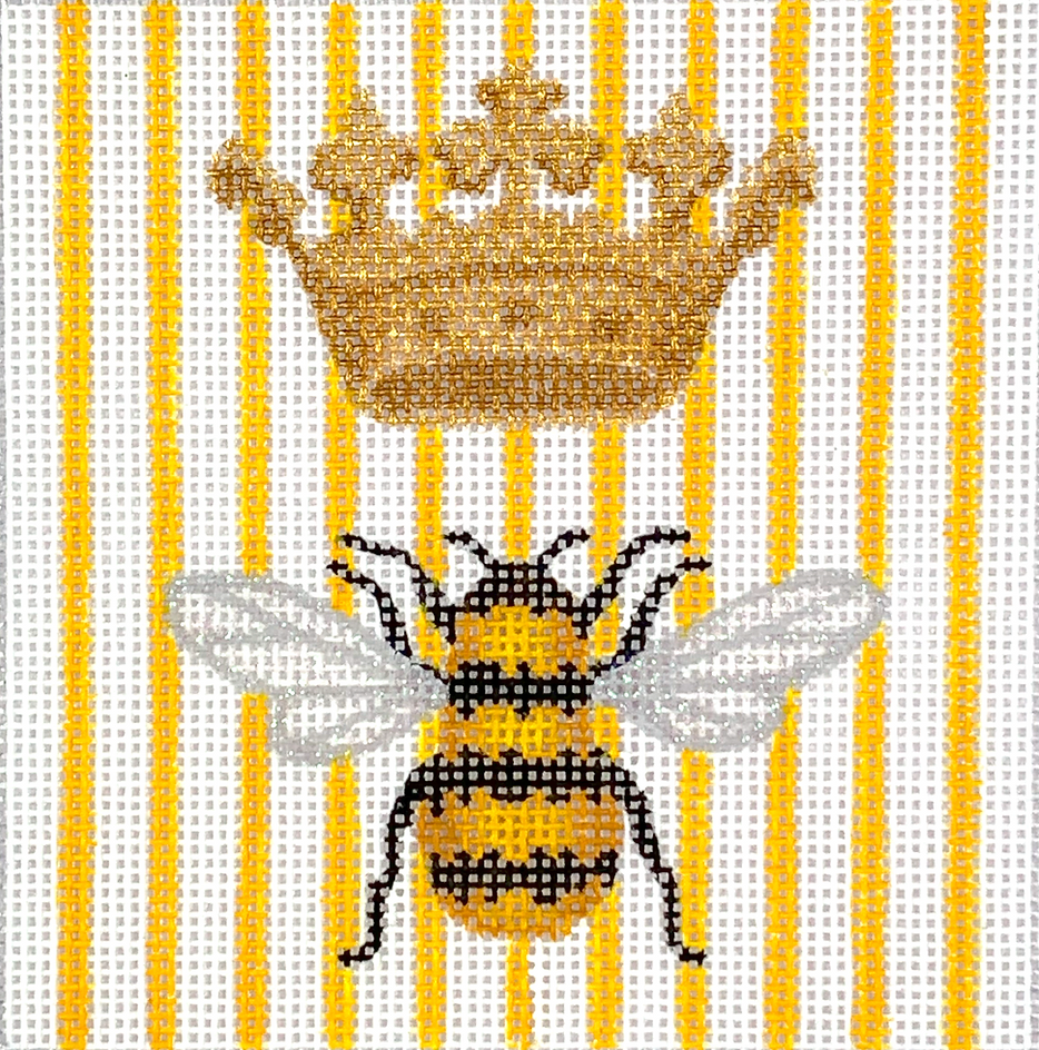 Kate Dickerson 4 inch square needlepoint canvas of a bumblebee with a golden crown on a yellow and white striped background.