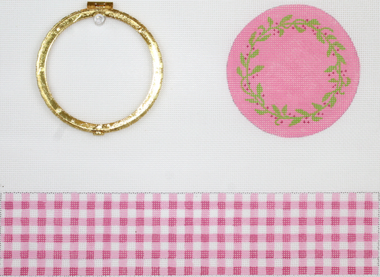 BXXLR-18 Round Pink Gingham with Floral Vine Hinged Limoge Box