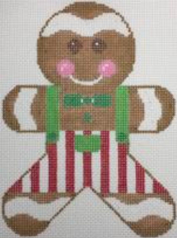 Rachel Donley needlepoint canvas of a gingerbread boy wearing overalls and a bow tie in red and green