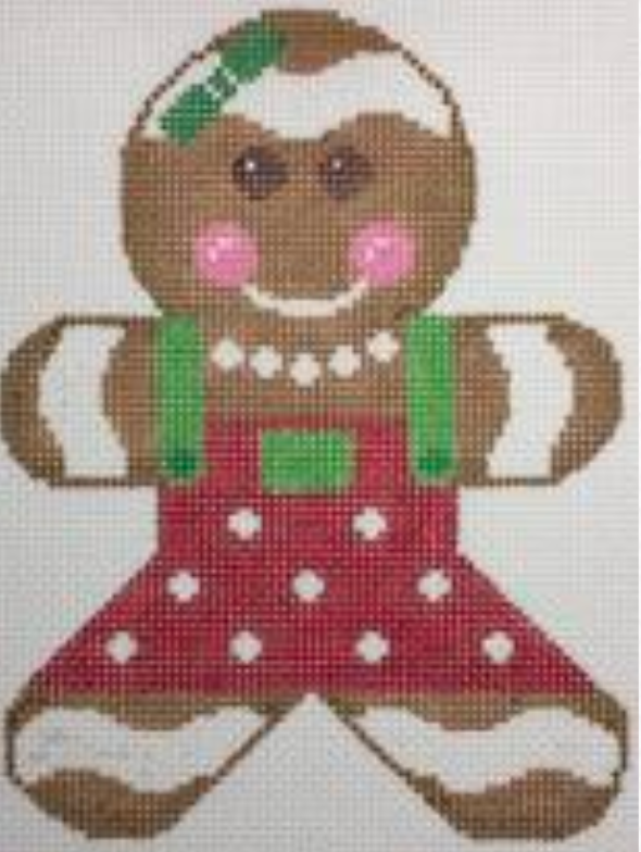 Rachel Donley needlepoint canvas of a gingerbread girl wearing an apron with a hair bow in red and green