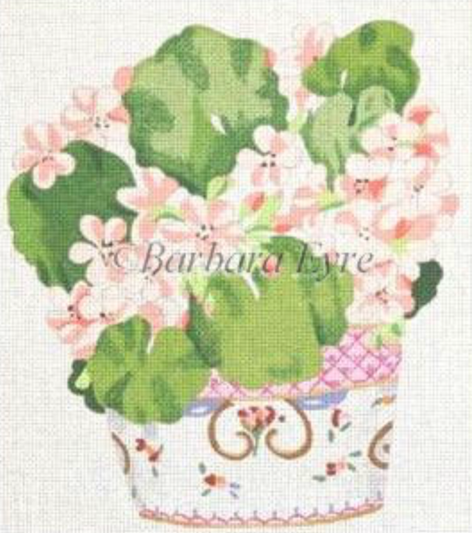 Barbara Eyre for Susan Roberts needlepoint canvas of geraniums in a ceramic pot