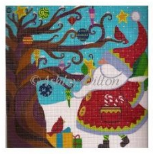 Ashley Dillon for Susan Roberts needlepoint canvas of a whimsical Santa and a deciduous tree with ornaments