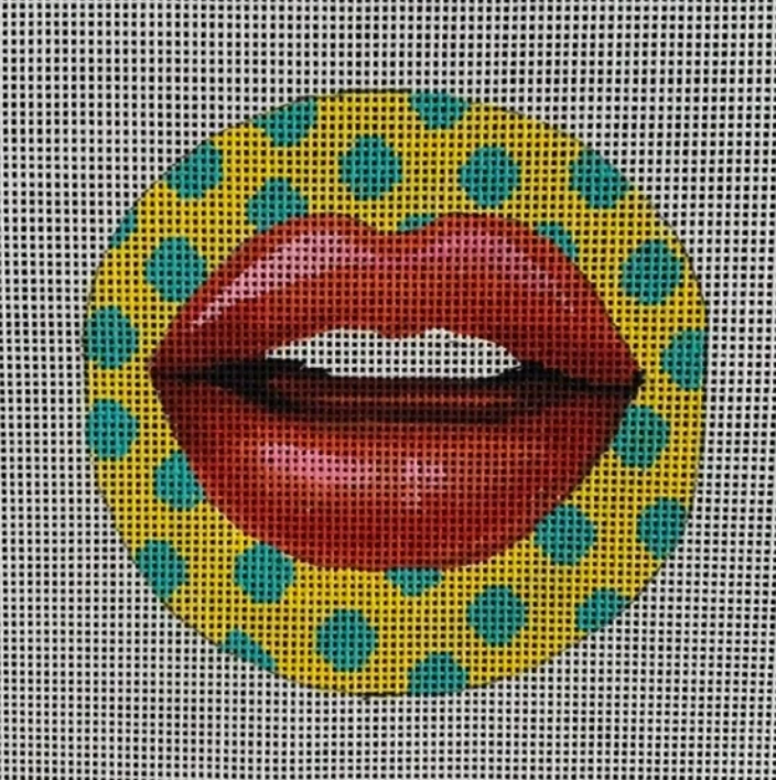 Colors of Praise round needlepoint canvas of pop art red lips on a yellow and turquoise polka dot pattern
