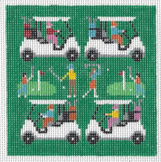 Doolittle Stitchery needlepoint canvas of golf carts and golfers on a green background