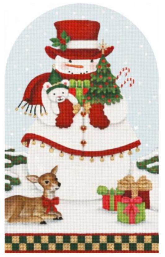 Melissa Shirley needlepoint canvas dome of a Christmas snowman holding a christmas tree and a bear wearing a top hat with a deer and presents at his feet