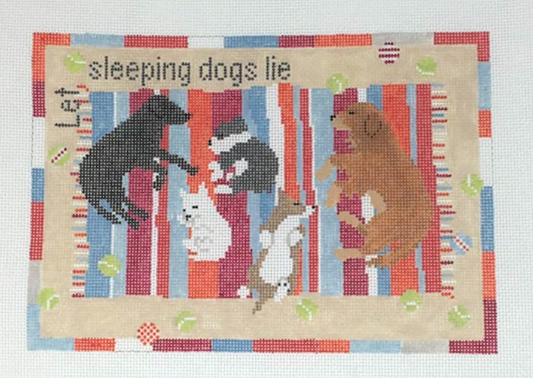 Pippin needlepoint canvas of five sleeping dogs on a rug with tennis balls and the saying "let sleeping dogs lie"