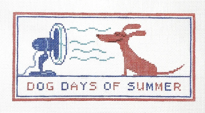 Dave Klug for Lauren Bloch needlepoint canvas of a dog sitting in front of a fan saying "dog days of summer"