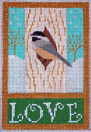 Eye Candy winter needlepoint canvas of a chickadee bird in a tree with a snowy background and the word "love"