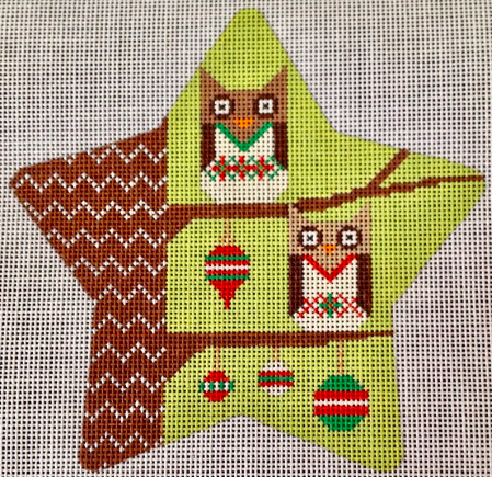 Eye Candy star shaped needlepoint canvas of two owls on branches with Christmas ornaments