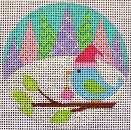 Eye Candy bright round whimsical needlepoint canvas of a bird on a branch wearing a Santa hat and pine trees in the background in a vibrant pastel color palette