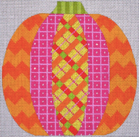 Bright geometric pumpkin needlepoint canvas from Eye Candy with zig zags and plaid