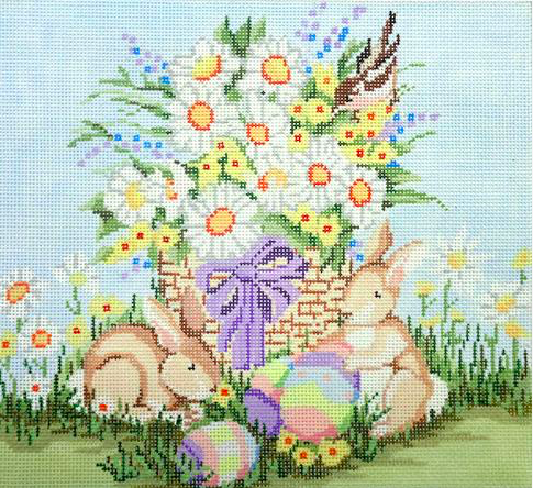 Birds of a Feather spring Easter needlepoint canvas of a basket of flowers with bunny rabbits and Easter eggs