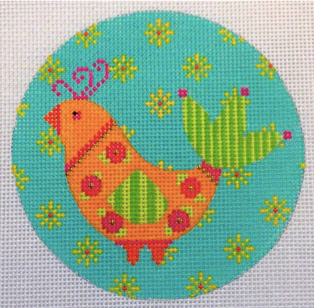 Eye Candy round needlepoint canvas of a bright vibrant mod bird with floral pattern