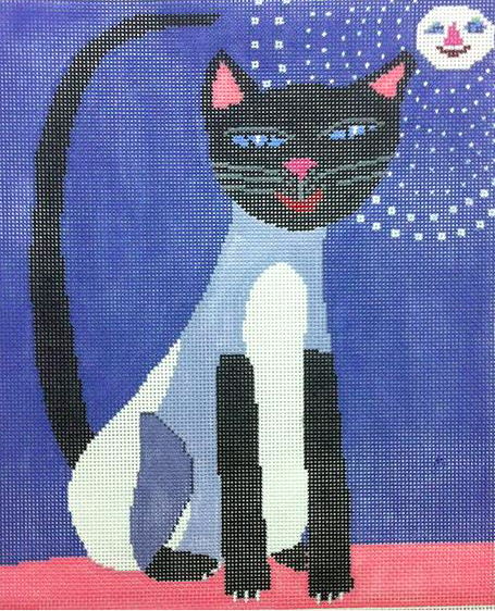 Birds of a Feather whimsical needlepoint of a cat under a full moon in a style like Picasso