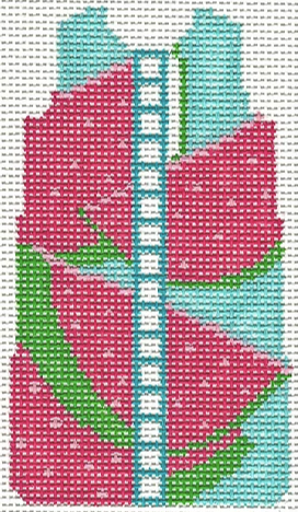 Two Sisters preppy needlepoint canvas of an aqua shift dress with watermelon slices
