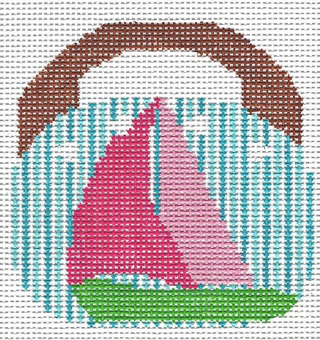 Two Sisters preppy needlepoint canvas of a Bermuda bag with a pink and green sailboat and a blue and white striped background