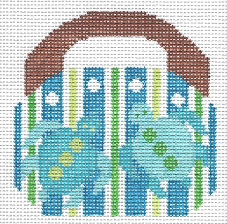 Two Sisters preppy needlepoint canvas of a Bermuda Bag with vertical blue green and white stripes and two aqua turquoise sea turtles