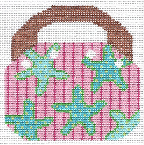 Two Sisters preppy needlepoint canvas of a Bermuda bag with aqua turquoise starfish and pink stripes