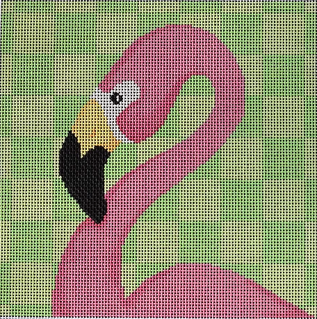 Two Sisters preppy needlepoint canvas of a flamingo on a lime green checkered background