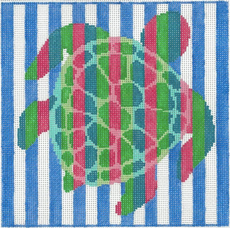 Two Sisters preppy needlepoint canvas of a pink and green sea turtle on a striped blue and white background