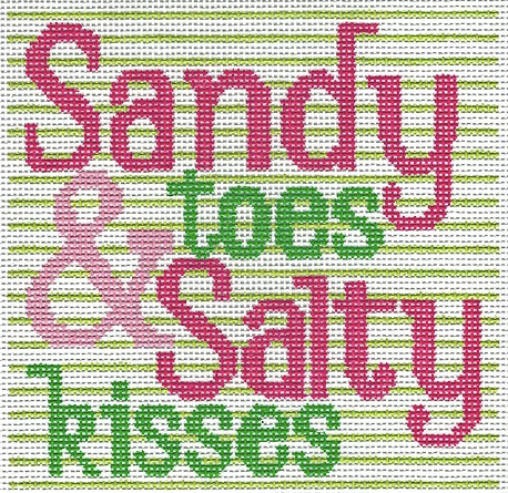Two Sisters preppy needlepoint canvas with the phrase "Sandy toes & salty kisses" in pink and lime green - perfect sign for a beach house!