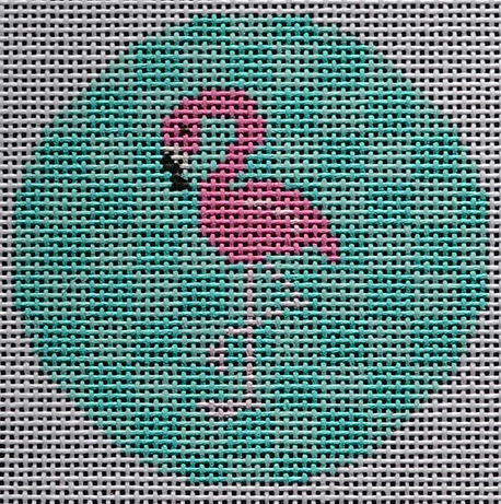 Two Sisters preppy round needlepoint canvas of a flamingo on turquoise and aqua checkered background sized for self-finishing boxes (insert)
