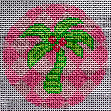 Two Sisters preppy round needlepoint canvas of a palm tree on two-tone pink checkered background sized for self-finishing boxes (insert)