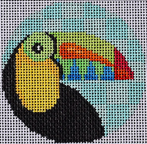 Two Sisters preppy round needlepoint canvas of a toucan on a checkered aqua turquoise background sized for self-finishing boxes (insert)