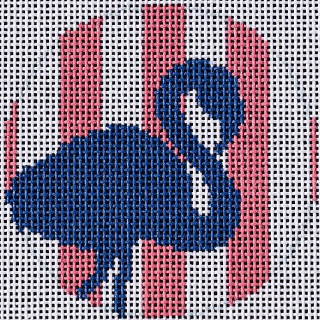 Two Sisters preppy round needlepoint canvas of a flamingo silhouette on pink and white stripes sized for self-finishing boxes (insert)