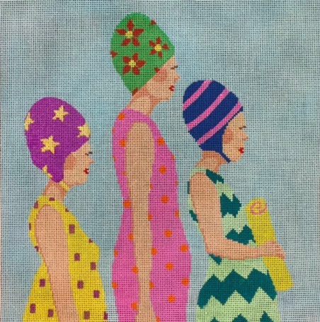 A Stitch in Time bright needlepoint canvas swimmers with swim caps