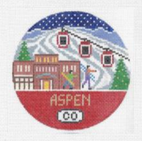 Doolittle Stitchery round needlepoint canvas of Aspen Colorado ski slopes in winter with ski lift