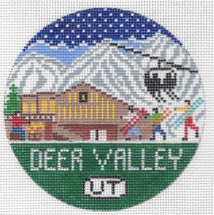 Doolittle Stitchery needlepoint canvas of Deer Valley Utah Ski slopes and lodge in winter