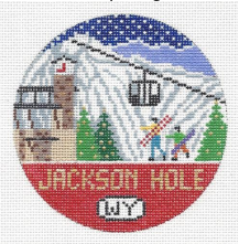 Doolittle Stitchery round needlepoint canvas of Jackson Hole Wyoming ski slopes in winter