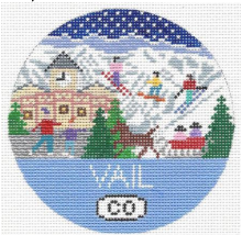Doolittle Stitchery round needlepoint canvas of Vail Colorado town and ski slopes in winter