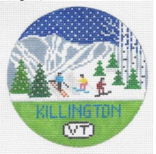 Doolittle Stitchery round needlepoint canvas of Killington Vermont ski slopes