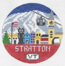 Doolittle Stitchery round needlepoint canvas of Stratton Vermont ski slopes and downtown