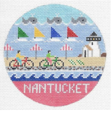 Doolittle Stitchery preppy Nantucket round needlepoint canvas with beach scene, sailboats, and lighthouse