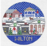 Doolittle Stitchery Wilton round needlepoint ornament with street scene and snow