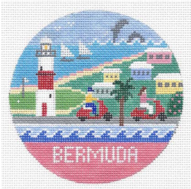 Round needlepoint canvas of Bermuda with a scene of the island in the background with boats, mopeds, a lighthouse, and dolphins