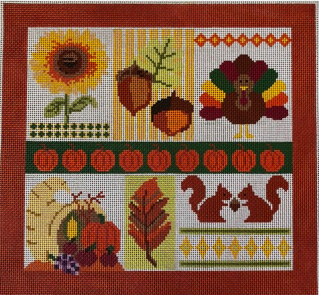 A Stitch in Time Thanksgiving and fall needlepoint canvas of a collage with squirrels, a turkey, acorns, leaves, sunflowers and a cornucopia