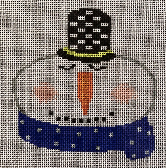 A Stitch in Time whimsical snowman needlepoint canvas with blue polka dot scarf and checkered top hat