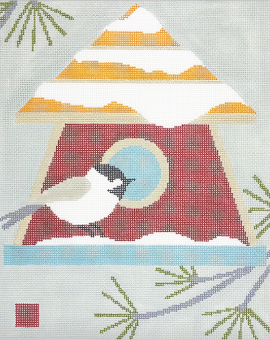3K designs needlepoint canvas of a chickadee on a yellow and red birdhouse with snow and pine tree branches