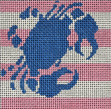 Two Sisters preppy square needlepoint canvas of a crab outline on pink and white stripes sized for self-finishing boxes (insert)