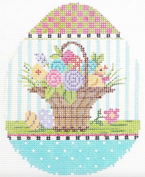 Kelly Clark Easter egg needlepoint canvas of a basket of flowers with a chick and an egg and a pastel border