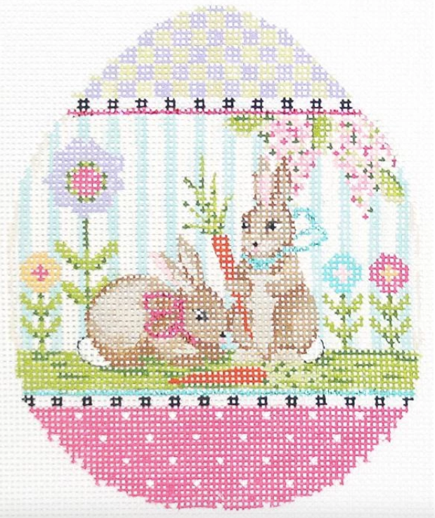 Kelly Clark Easter egg needlepoint canvas of two bunny rabbits with a pastel border