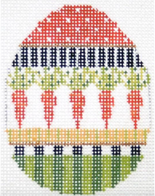 Kelly Clark Easter egg needlepoint canvas of carrots with striped trim