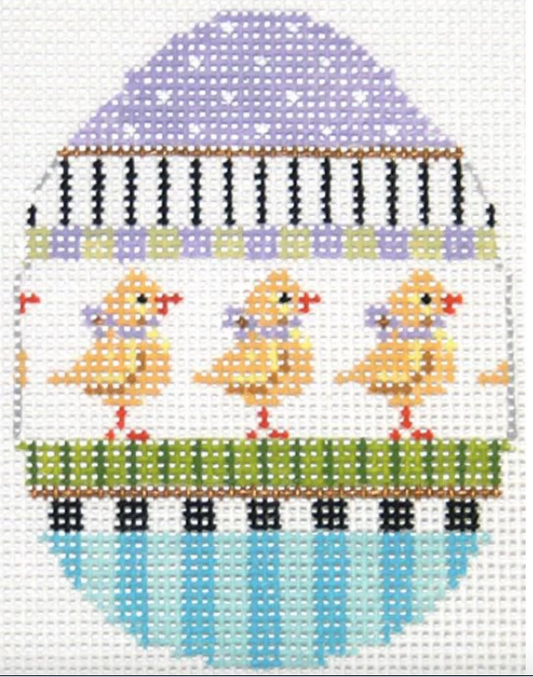 Kelly Clark Easter egg needlepoint canvas with chicks and striped border