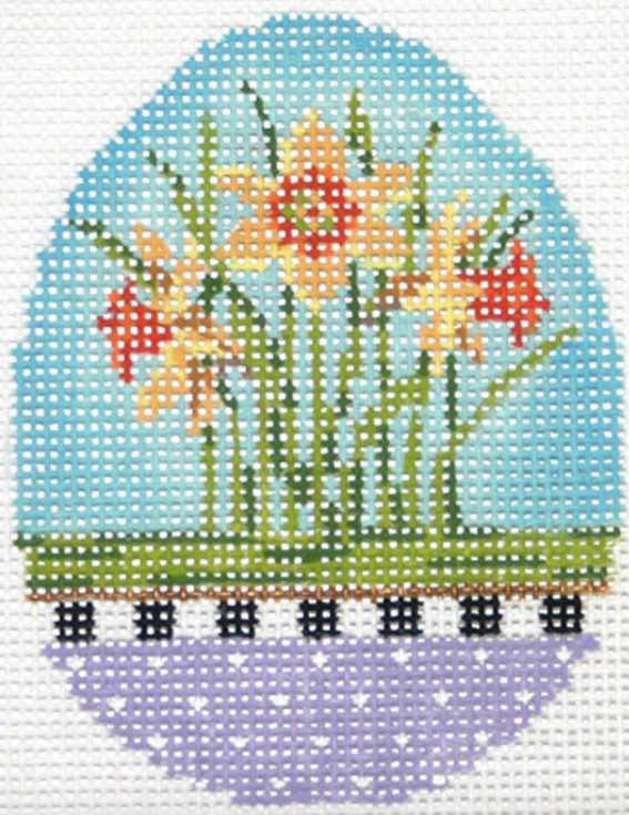 Kelly Clark Easter egg needlepoint canvas with daffodils and purple polka dots