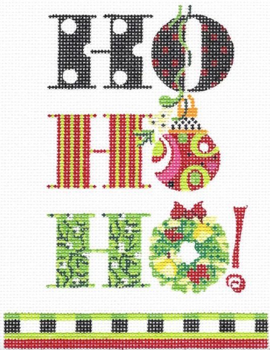 Kelly Clark Christmas needlepoint canvas saying "ho ho ho" with a wreath, an ornament, and mistletoe